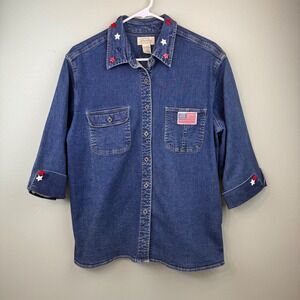 St Johns Bay Denim Shirt Womens XL Blue Patriotic Star Flag Button 3/4 Sleeve